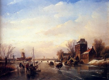  Fleuve Art - Patineurs sur une rivière gelée Bateaux Jan Jacob Coenraad Spohler